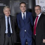 Ulster University Chancellor's Lecture - L-R: Dr Christopher Moran, Dr James Nesbitt, Chancellor and Professor Paddy Nixon, Vice-Chancellor. (Photo: Nigel McDowell/Ulster University).