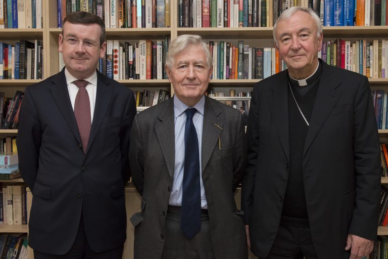 (L-R) Prof. Francis Campbell, Vice-Chancellor, St. Mary's University; Dr. Christopher Moran, Chairman, Co-operation Ireland; and H E Cardinal Vincent Nichols, Archbishop of Westminster