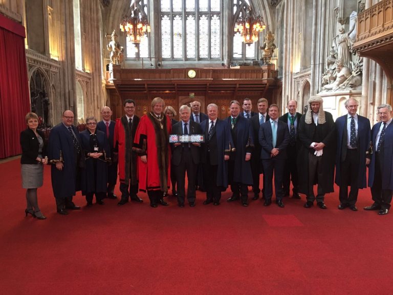 Dr. Christopher Moran made Freeman of the City of London, with Lord Mayor Sir David Hugh Wooton, Alderman Vincent Thomas Keaveny and representatives of the City of London (The Guildhall, London)