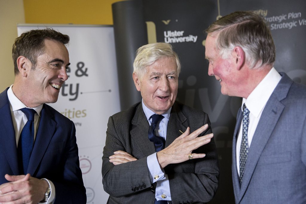 Ulster University Chancellor’s Lecture – L-R: Dr James Nesbitt, Chancellor of Ulster University, Dr Christopher Moran and Mr John Hunter, Pro-Chancellor, Ulster University Council. (Photo: Nigel McDowell/Ulster University)