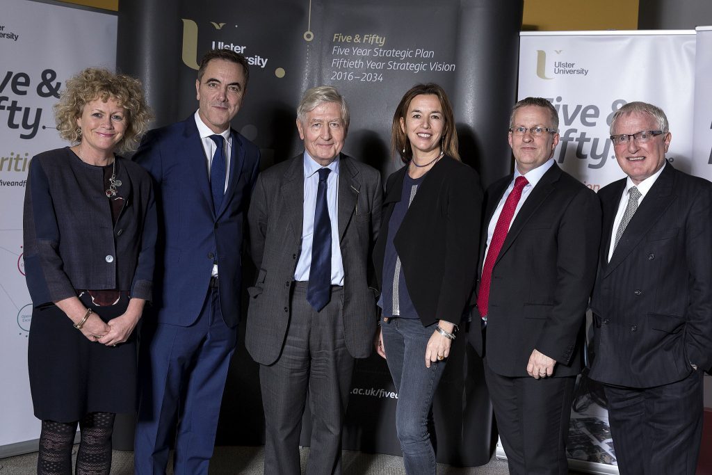 Ulster University Chancellor’s Lecture – L-R: Niamh Lamond, Chief Operating Officer, Dr James Nesbitt, Chancellor, Dr Christopher Moran, Raffaella Folli, Professor of Linguistics and Head of the School of Communication and Provost of the Belfast and Jordanstown campuses, Professor Paddy Nixon, Vice-Chancellor and Professor Alastair Adair, Deputy Vice-Chancellor. (Photo: Nigel McDowell/Ulster University)