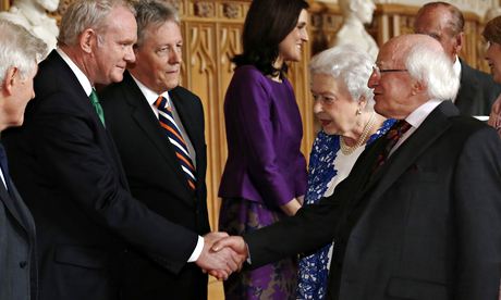 (L-R) Dr. Christopher Moran, Former Deputy First Minister Martin McGuinness, Her Majesty The Queen, His Excellency The President of Ireland Michael D. Higgins shake hands upon Irish State Visit, joined by His Royal Highness The Prince Philip, Duke of Edinburgh; Mrs. Sabina Higgins; and Secretary of State for Norther Ireland Theresa Villiers