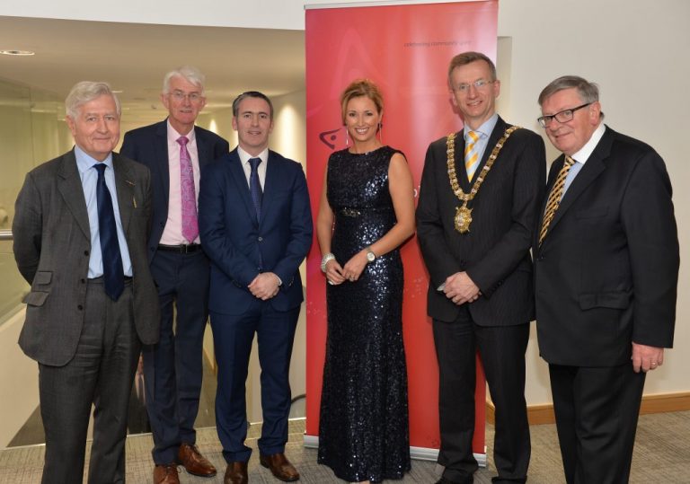 (L-R) Dr. Christopher Moran, Chairman of Co-operation Ireland, Tom Dowling, Chairman of the Pride of Place Committee, Damien English TD, Minister of State for Housing and Urban Renewal, Claire McCollum, Presenter, Lord Mayor of Belfast Brian Kingston, and George Jones IPB Chairman