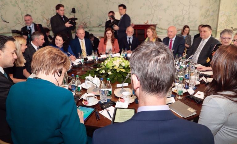 Co-operation Ireland German Chancellor Angela Merkel An Taoiseach Leo Varadkar at Round-table moderated by CEO Peter Sheridan in Dublin discussing Northern Ireland border, shared lived experiences, and Brexit