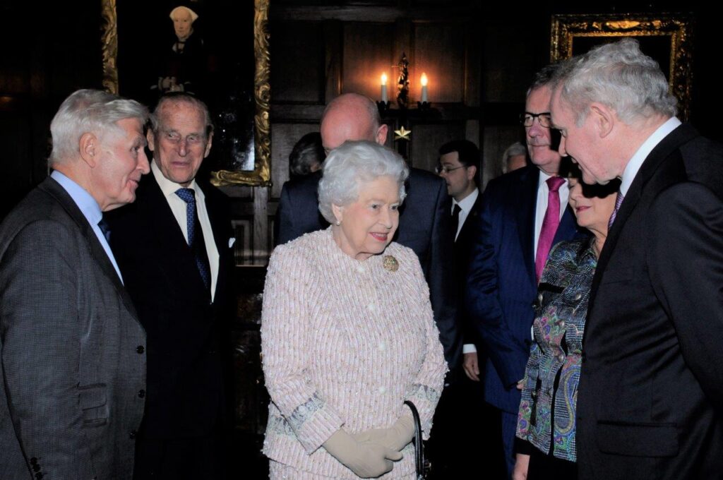 THE QUEEN HRH PRINCE PHILIP DUKE OF EDINBURGH MARTIN MCGUINNESS DR CHRISTOPHER MORAN CROSBY MORAN HALL PORTRAIT COLIN DAVIDSON