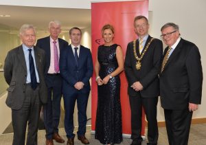 L - R: Dr Christopher Moran, Chairman of Co-operation Ireland, Tom Dowling, Chairman of the Pride of Place Committee, Damien English TD, Minister of State for Housing and Urban Renewal, Claire McCollum, Presenter, Lord Mayor of Belfast Brian Kingston, and George Jones IPB Chairman