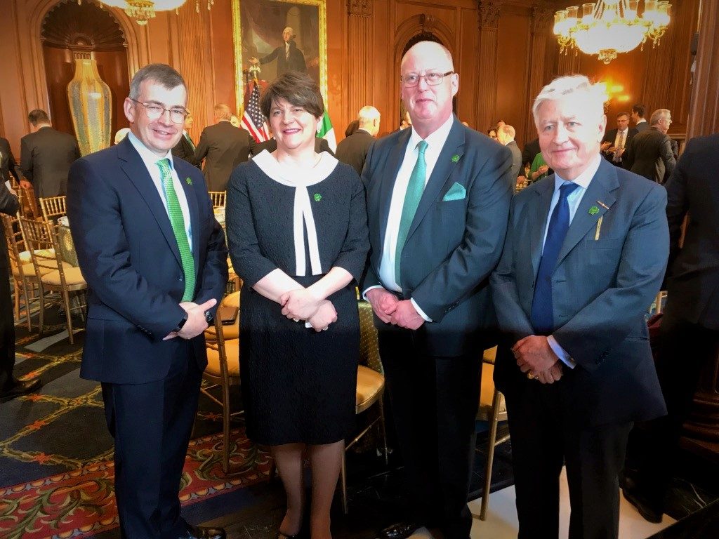 Dr. Christopher Moran, Chairman of Cooperation Ireland with (L-R) Drew Harris, Garda Commissioner of the Republic of Ireland; The Rt. Hon. Arlene Foster MLA; and George Hamilton, Chief Constable of the Police Service of Northern Ireland attend the Friends of Ireland Lunch with Speaker of the House Nancy Pelosi and joined by President Trump and Vice-President Mike Pence