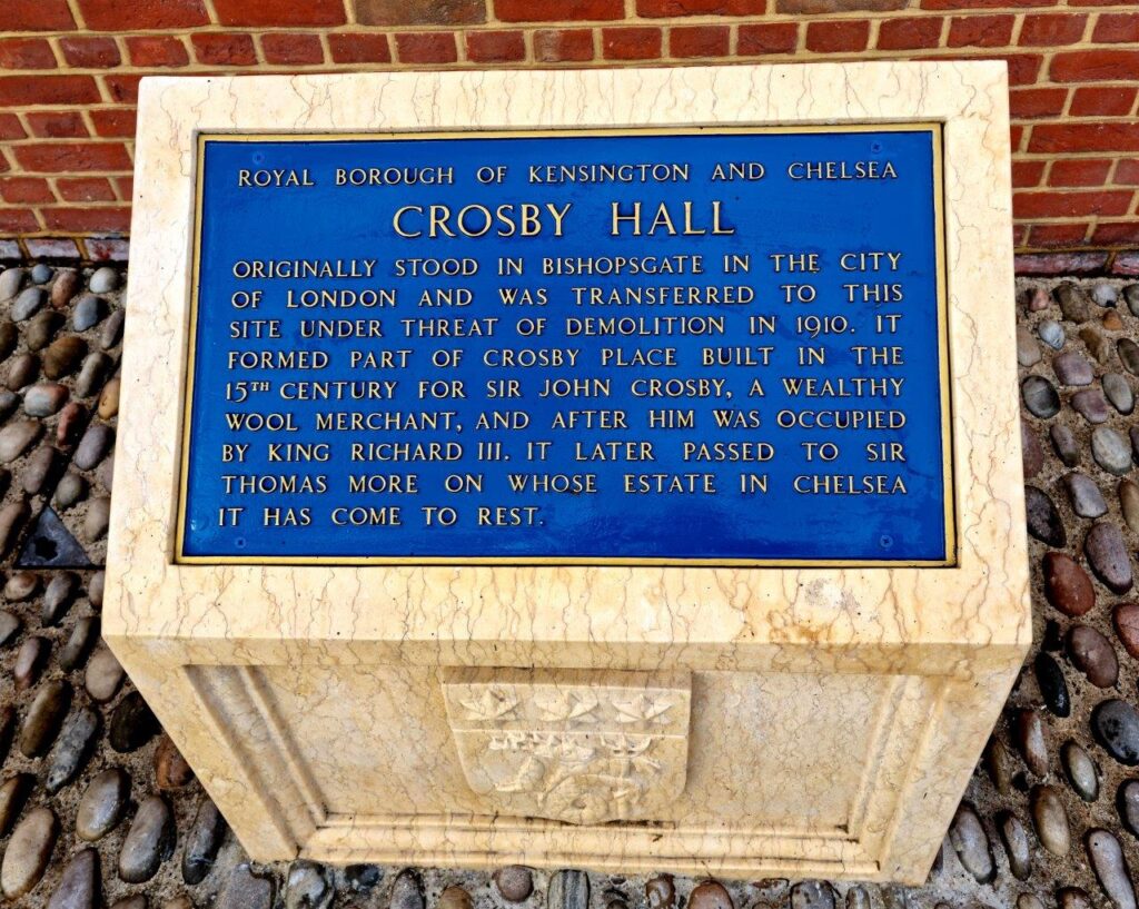 Crosby Hall blue plaque in the Royal Borough of Kensington and Chelsea outside Crosby Moran Hall noting Richard III and Sir Thomas More