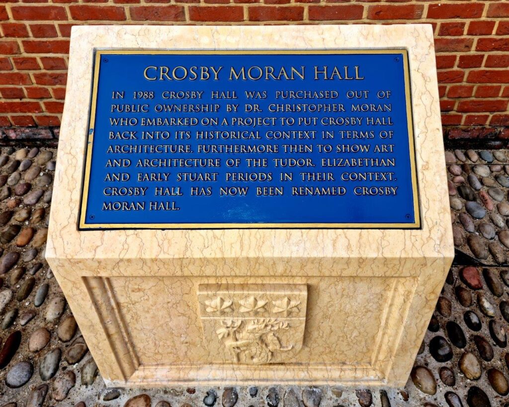 Crosby Moran Hall blue plaque in the Royal Borough of Kensington and Chelsea outside Crosby Moran Hall owned by Dr. Christopher Moran