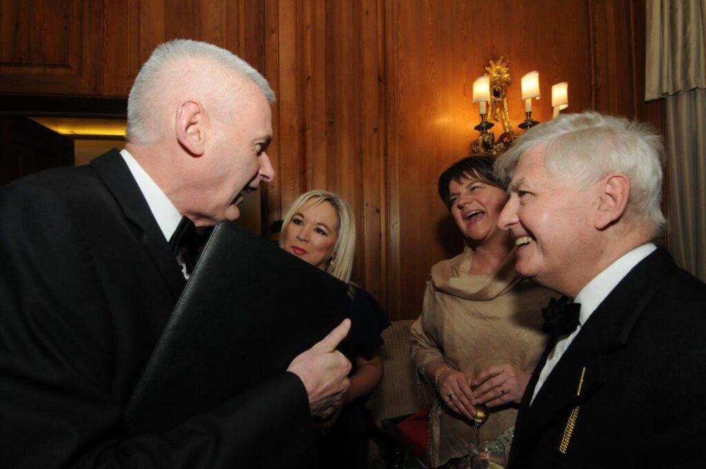 Dr. Christopher Moran, Chairman of Co-operation Ireland with First Minister of Northern Ireland the Rt Hon Arlene Foster MLA and Deputy First Minister of Northern Ireland Michelle O'Neill MLA, with with the Ambassador of Ireland His Excellency Adrian O'Neill, at a Co-operation Ireland dinner 