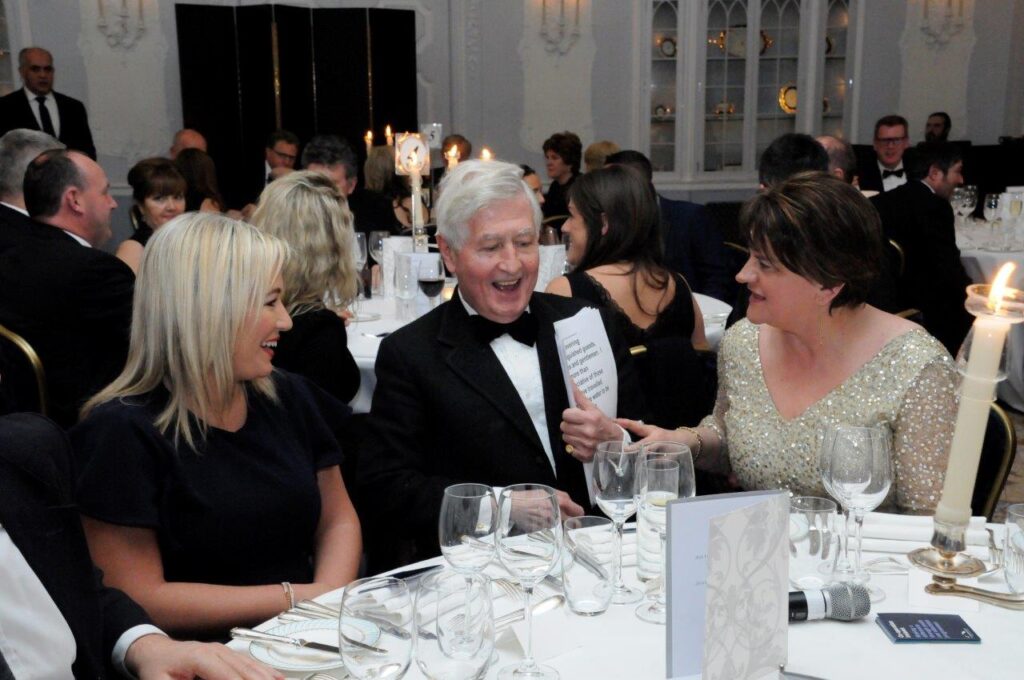 Dr. Christopher Moran, Chairman of Co-operation Ireland with First Minister of Northern Ireland the Rt Hon Arlene Foster MLA and Deputy First Minister of Northern Ireland Michelle O'Neill MLA at a Co-operation Ireland dinner